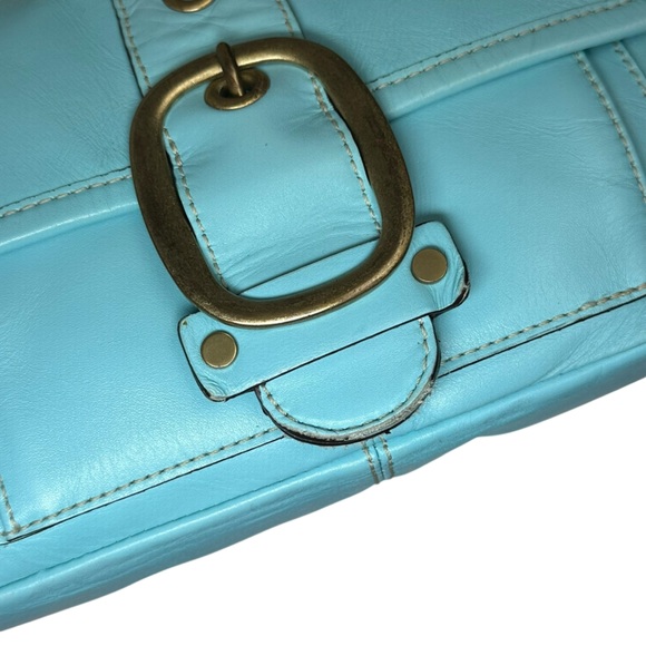 2005 Banana Republic Aqua Blue Shoulder Bag Brass Buckle Baguette Purse 2000s - Picture 10 of 14